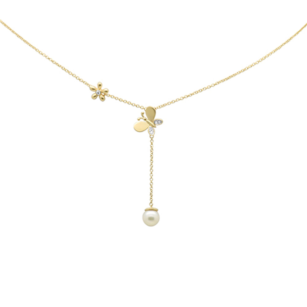 Muse Jewelry .05ct G SI 14K Yellow Gold Diamond Butterfly Pearl Pendant Necklace 18" Long Chain