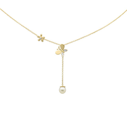 Muse Jewelry .05ct G SI 14K Yellow Gold Diamond Butterfly Pearl Pendant Necklace 18" Long Chain