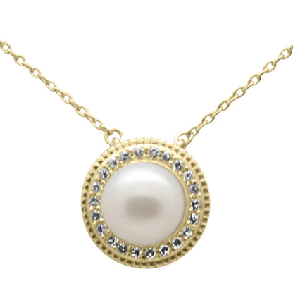 Muse Jewelry .11ct G SI 14K Yellow Gold Diamond Pearl Pendant Necklace 18" Long Chain