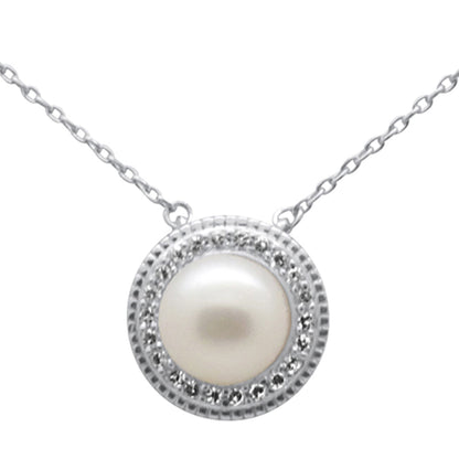 Muse Jewelry .11ct G SI 14K White Gold Diamond Pearl Pendant Necklace 18" Long Chain