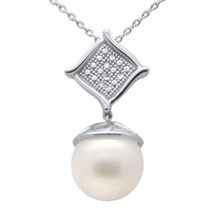 Muse Jewelry .03ct G SI 14K White Gold Diamond Pearl Pendant Necklace 18" Long Chain