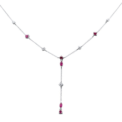 Muse Jewelry 1.14ct G SI 14K White Gold Diamond & Ruby Gemstone Lariat Pendant Necklace 16" +2" EXT