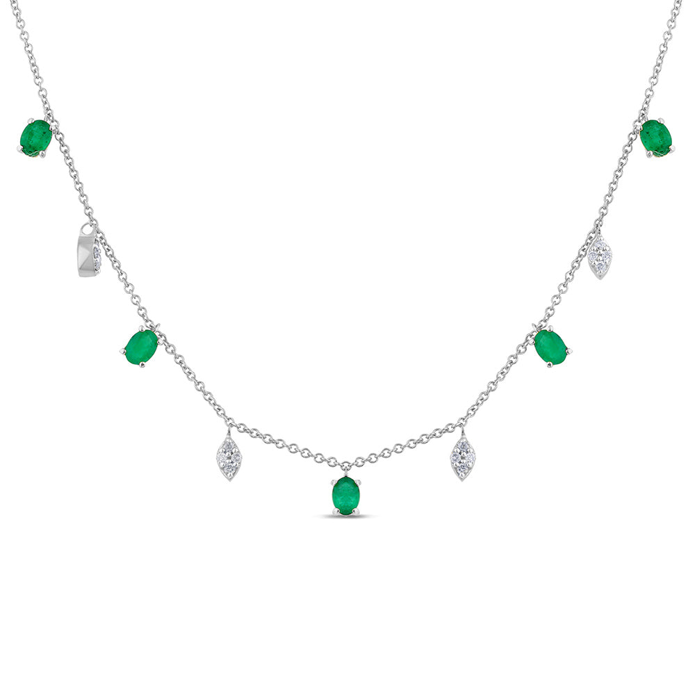 Muse Jewelry .91ct G SI 14K White Gold Diamond & Emerald Gemstone Dangling Pendant Necklace 16" + 2" EXT