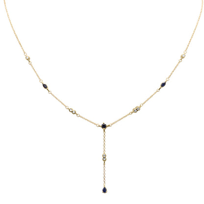 Muse Jewelry .91ct G SI 14K Yellow Gold Diamond & Blue Sapphire Gemstone Drop Pendant Necklace 16" + 2" EXT