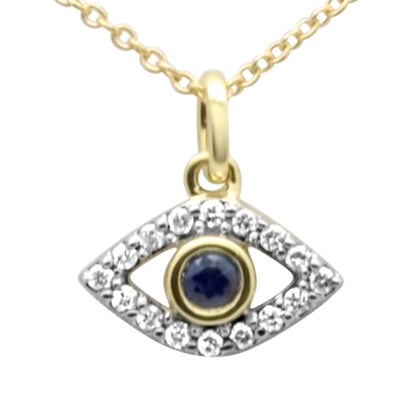 Muse Jewelry .18ct G SI 14K Yellow Gold Diamond & Blue Sapphire Gemstones Evil Eye Pendant Necklace 16 + 2" Long