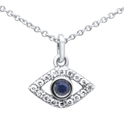 Muse Jewelry .19ct G SI 14K White Gold Diamond & Blue Sapphire Gemstone Evil Eye Pendant Necklace 16" + 2" EXT