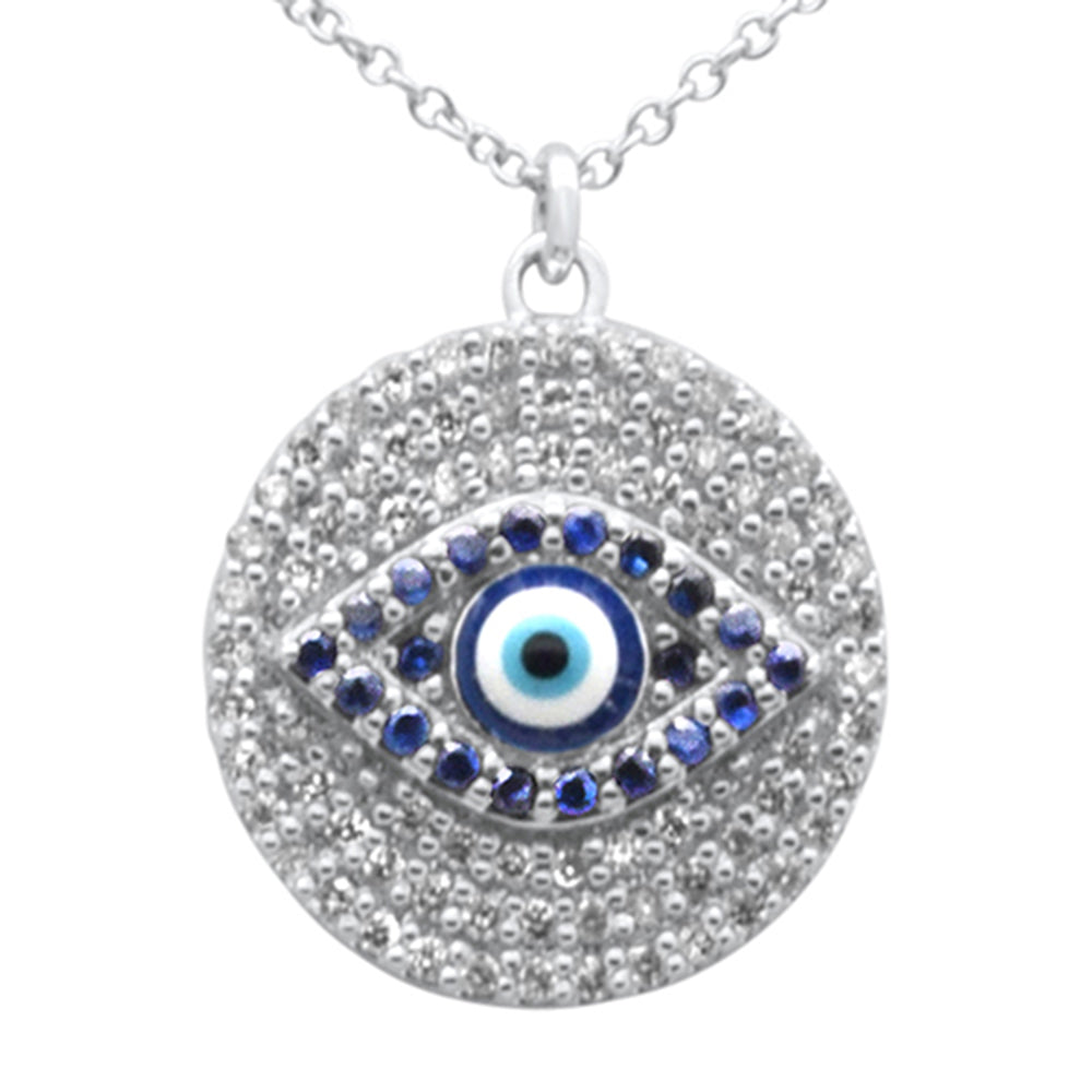 Muse Jewelry .48ct G SI 14K White Gold Diamond & Blue Sapphire Gemstone Round Evil Eye Pendant Necklace 16" + 2" Ext.