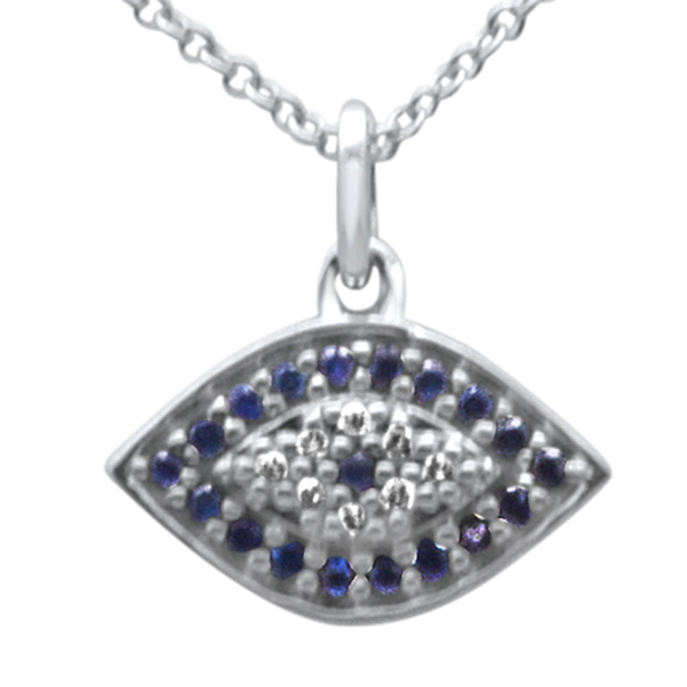 Muse Jewelry .20ct G SI 14K White Gold Diamond & Blue Sapphire Gemstone Evil Eye Pendant Necklace 16+2" Long