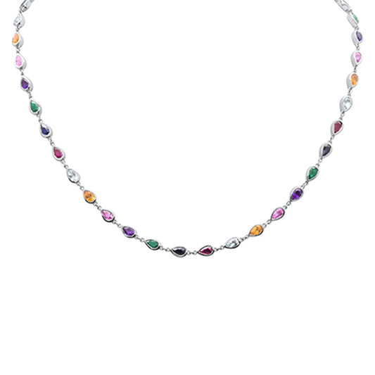 Muse Jewelry 6.99ct G SI 14K White Gold Bezel Set Multi Color Gemstones Pendant Necklace 12+4" Ext Long