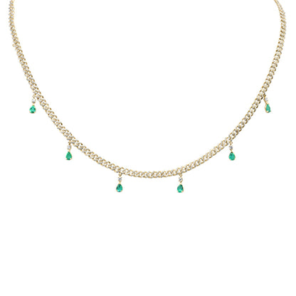 Muse Jewelry 2.22ct G SI 14K Yellow Gold Diamond & Emerald Gemstone Dangling Cuban Necklace 12" + 4" EXT