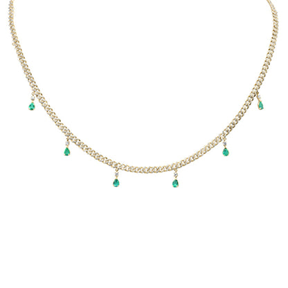 Muse Jewelry 2.22ct G SI 14K Yellow Gold Diamond & Emerald Gemstone Dangling Cuban Necklace 14"+2" EXT