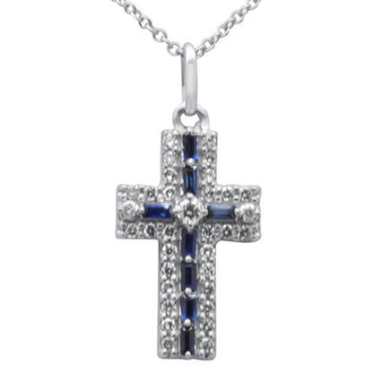 Muse Jewelry .40ct G SI 14K White Gold Diamond & Blue Sapphire Gemstone Cross Pendant Necklace 16" + 2" Ext.