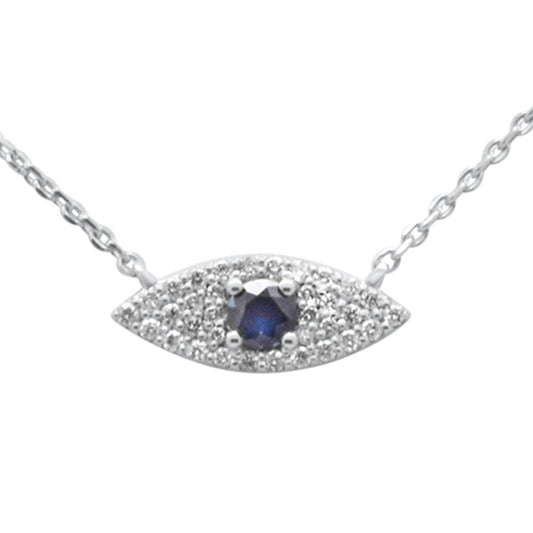 Muse Jewelry .41ct G SI 14K White Gold Diamond & Blue Sapphire Gemstone Evil Eye Pendant Necklace 16" + 2" Ext.