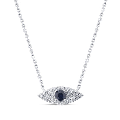 Muse Jewelry .41ct G SI 14K White Gold Diamond & Blue Sapphire Gemstone Evil Eye Pendant Necklace 16" + 2" Ext.