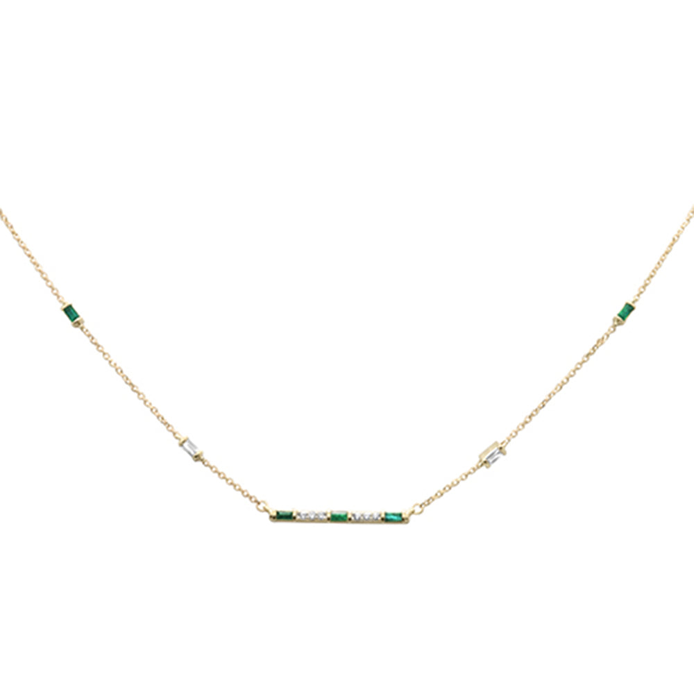 Muse Jewelry .40ct G SI 14K Yellow Gold Diamond & Emerald Gemstone Bar Pendant Necklace 18" Long