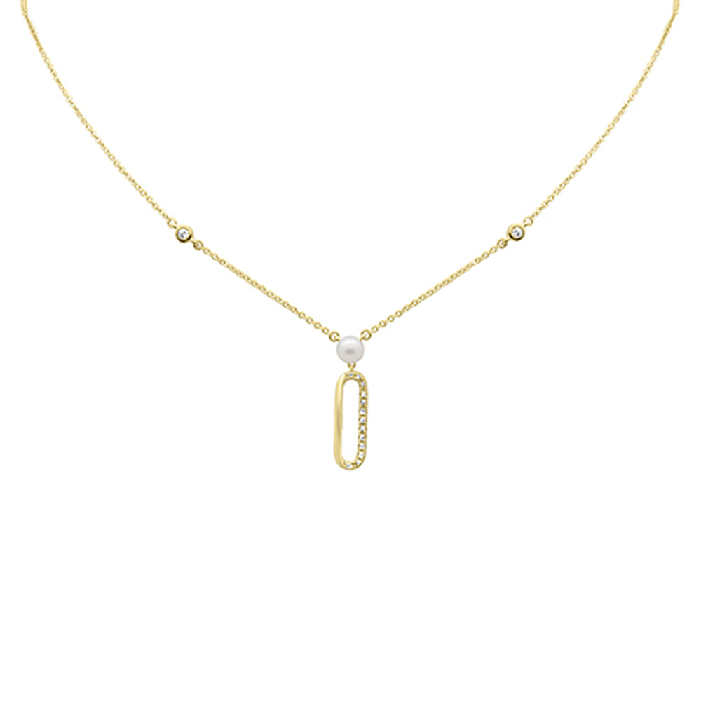 Muse Jewelry .08ct G SI 14K Yellow Gold Diamond Paperclip & Pearl Pendant Necklace 16" + 2" EXT