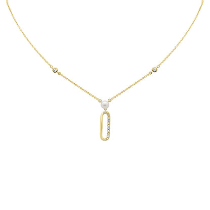 Muse Jewelry .08ct G SI 14K Yellow Gold Diamond Paperclip & Pearl Pendant Necklace 16" + 2" EXT