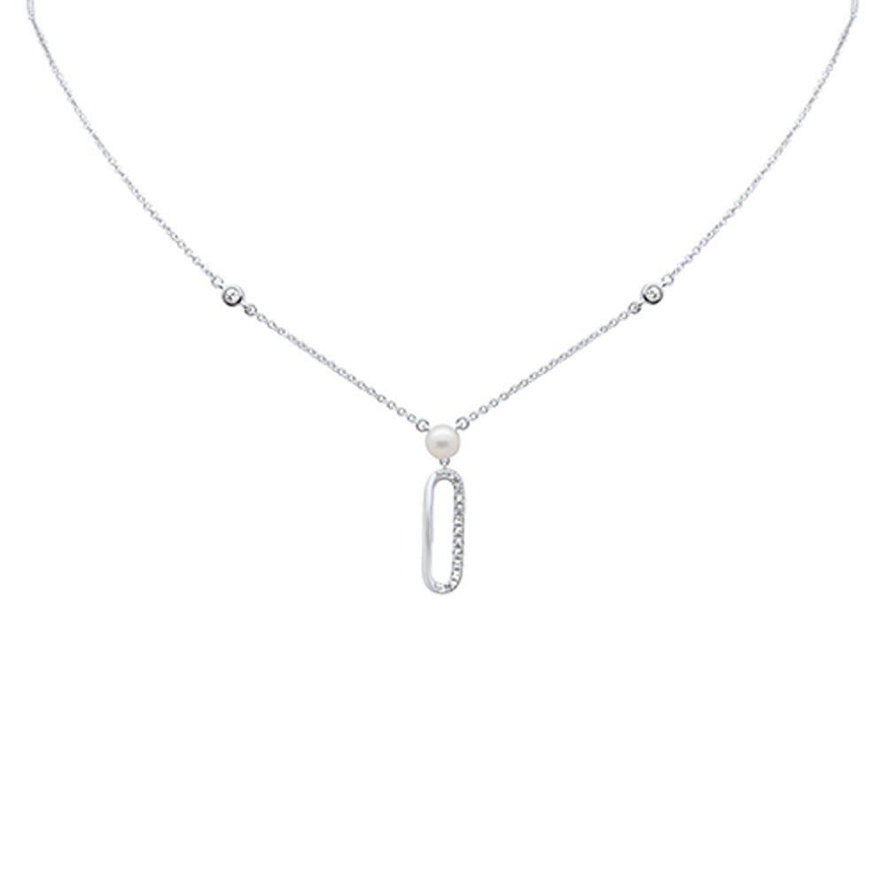 Muse Jewelry .08ct G SI 14K White Gold Diamond Paperclip & Pearl Pendant Necklace 16" + 2" EXT