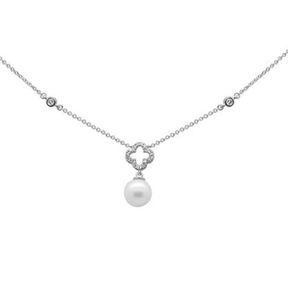 Muse Jewelry .11ct G SI 14K White Gold Diamond Flower & Pearl Pendant Necklace 16" + 2" EXT