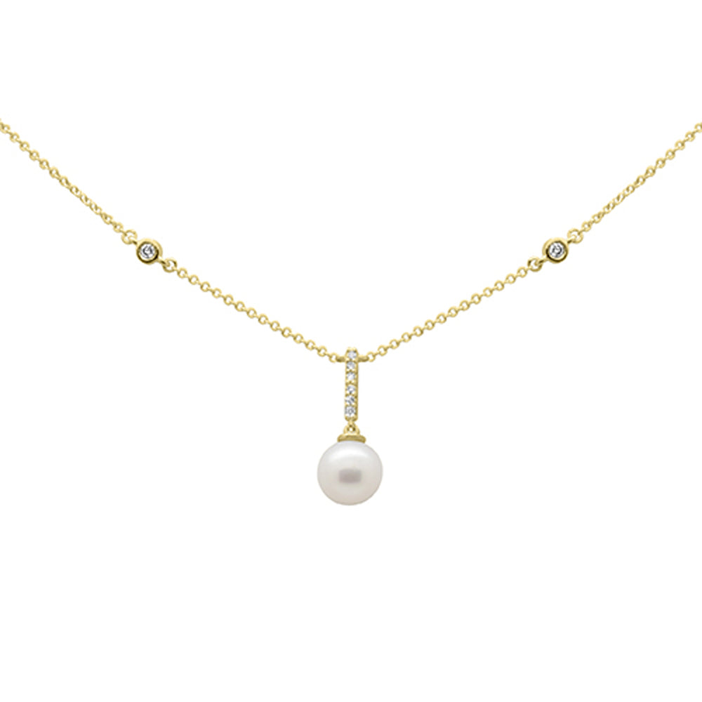 Muse Jewelry .08ct G SI 14K Yellow Gold Diamond Dangling Pearl Pendant Necklace 16" + 2" EXT