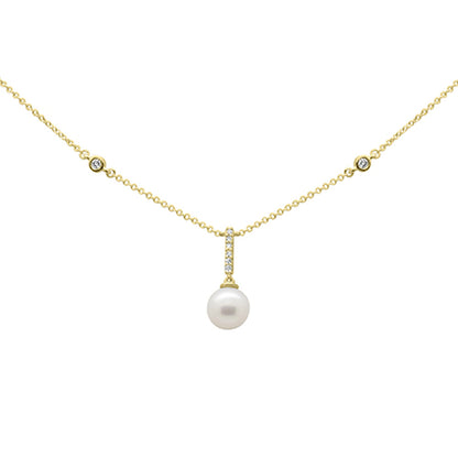 Muse Jewelry .08ct G SI 14K Yellow Gold Diamond Dangling Pearl Pendant Necklace 16" + 2" EXT