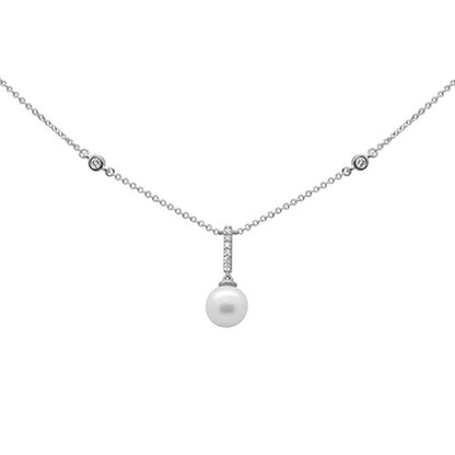 Muse Jewelry .08ct G SI 14K White Gold Diamond Dangling Pearl Pendant Necklace 16" + 2" EXT