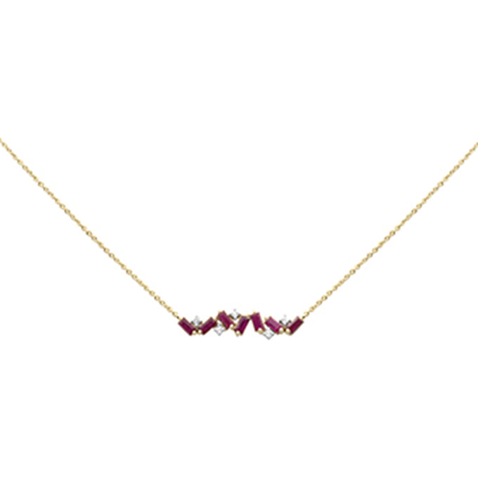 Muse Jewelry 1.14ct G SI 14K Yellow Gold Diamond & Ruby Bar Pendant Necklace 14" + 2" Ext