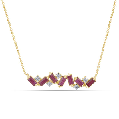 Muse Jewelry 1.14ct G SI 14K Yellow Gold Diamond & Ruby Bar Pendant Necklace 14" + 2" Ext