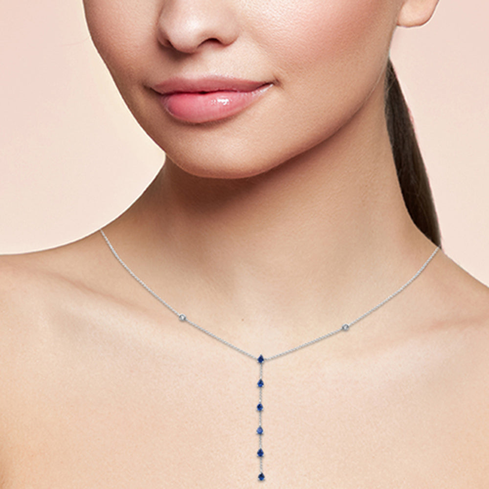 Muse Jewelry 1.16ct G SI 14K White Gold Diamond & Blue Sapphire Drop Lariat Necklace 16+2" Ext