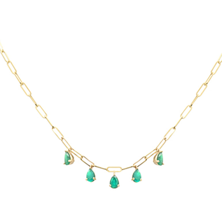 Muse Jewelry 1.65ct G SI 14K Yellow Gold Pear Green Emerald Gemstone Paperclip Necklace 14 + 2" Ext