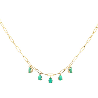 Muse Jewelry 1.65ct G SI 14K Yellow Gold Pear Green Emerald Gemstone Paperclip Necklace 14 + 2" Ext