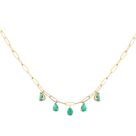 Muse Jewelry 1.65ct G SI 14K Yellow Gold Pear Green Emerald Gemstone Paperclip Necklace 14 + 2" Ext