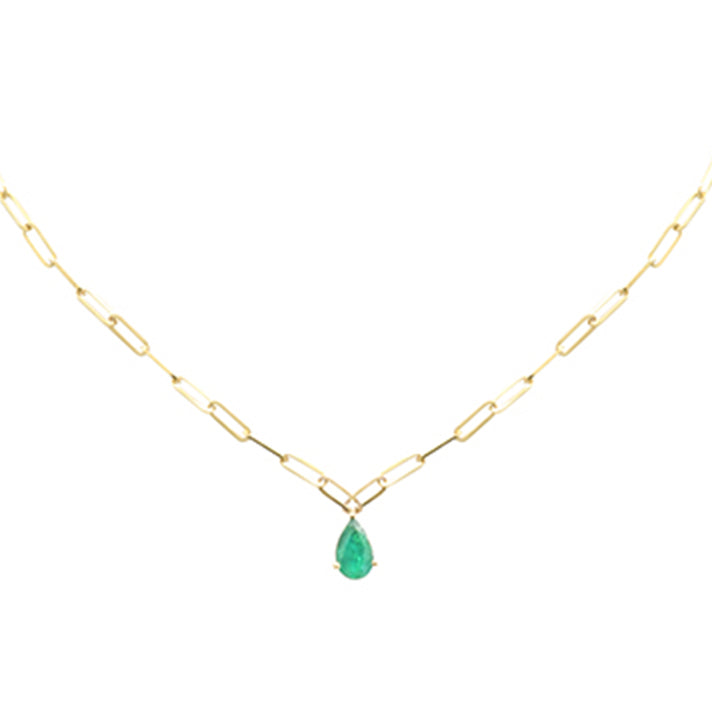 Muse Jewelry .75ct G SI 14K Yellow Gold Pear Natural Emerald Gemstone Paperclip Necklace 14 + 2" Ext