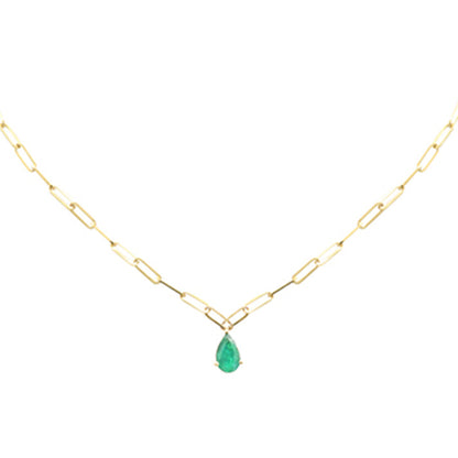 Muse Jewelry .75ct G SI 14K Yellow Gold Pear Natural Emerald Gemstone Paperclip Necklace 14 + 2" Ext