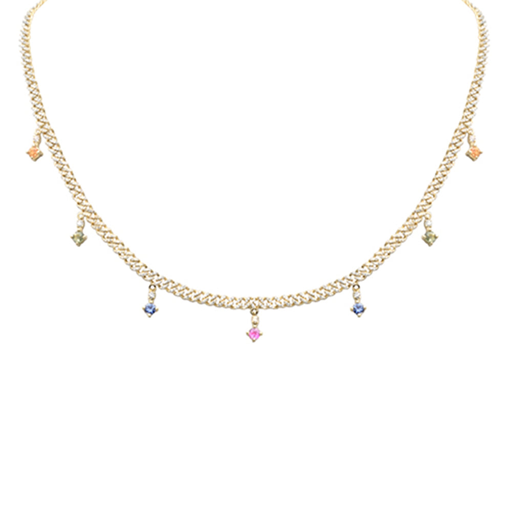 Muse Jewelry 2.24ct G SI 14K Yellow Gold Diamond & Multi Color Gemstone Cuban Chain Necklace 12+4" Ext