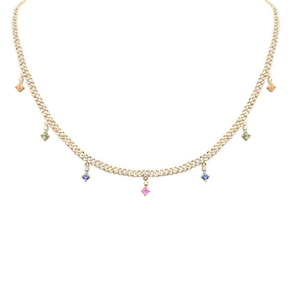 Muse Jewelry 2.24ct G SI 14K Yellow Gold Diamond & Multi Color Gemstone Cuban Chain Necklace 12+4" Ext