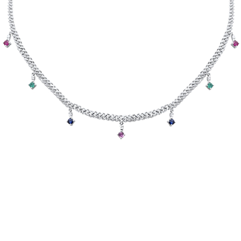 Muse Jewelry 2.03ct G SI 14K White Gold Diamond & Multi Color Gemstone Cuban Link Necklace 12" + 4" EXT