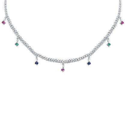 Muse Jewelry 2.03ct G SI 14K White Gold Diamond & Multi Color Gemstone Cuban Link Necklace 12" + 4" EXT