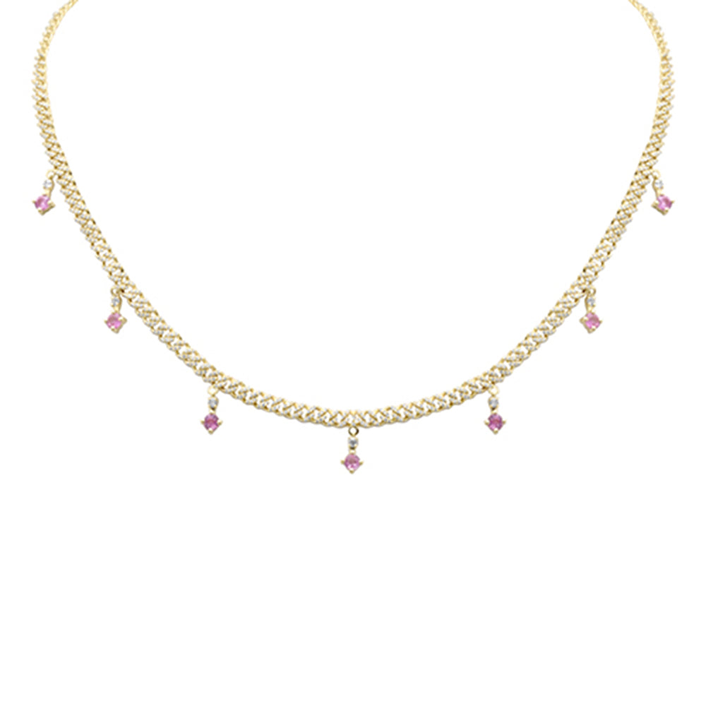 Muse Jewelry 1.13ct, .94ct G SI 14K Yellow Gold Diamond & Pink Tourmaline Cuban Chain Necklace 12+4" Ext