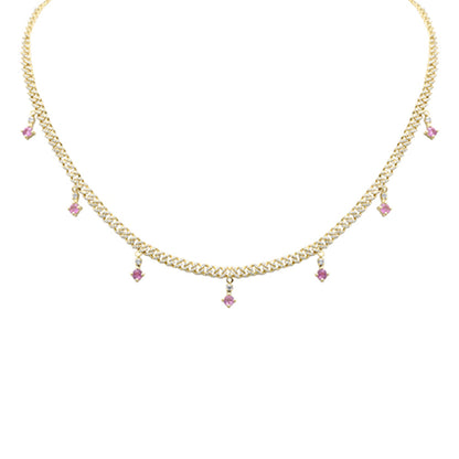 Muse Jewelry 1.13ct, .94ct G SI 14K Yellow Gold Diamond & Pink Tourmaline Cuban Chain Necklace 12+4" Ext