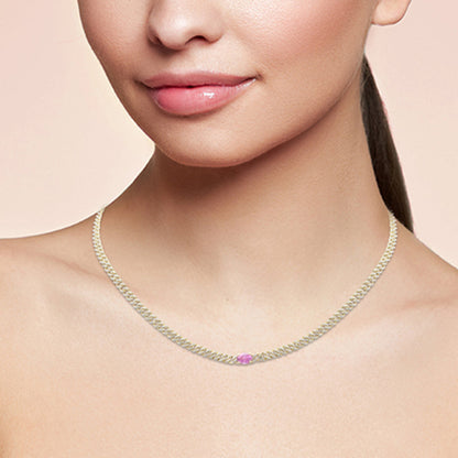 Muse Jewelry 1.93ct G SI 14K Yellow Gold Diamond & Pink Sapphire Cuban Chain Necklace 13+3" Ext