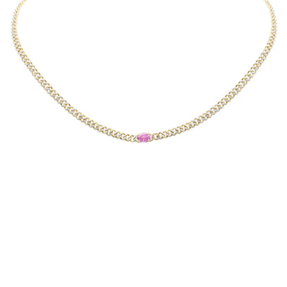 Muse Jewelry 1.93ct G SI 14K Yellow Gold Diamond & Pink Sapphire Cuban Chain Necklace 13+3" Ext