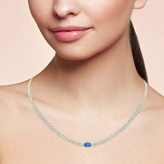 Muse Jewelry 1.66ct G SI 14K Yellow Gold Round Diamond & Oval Shaped Blue Sapphire Cuban Necklace 13 + 3" Ext.