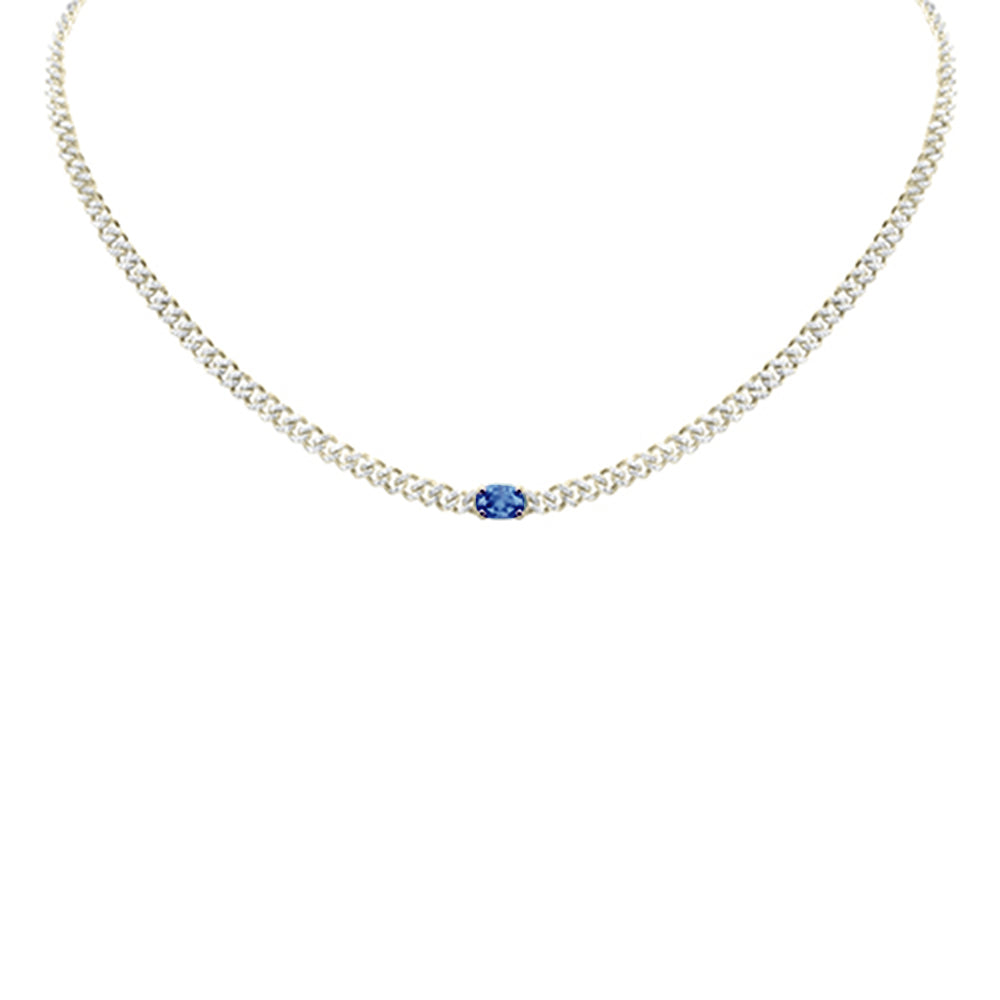 Muse Jewelry 1.66ct G SI 14K Yellow Gold Round Diamond & Oval Shaped Blue Sapphire Cuban Necklace 13 + 3" Ext.