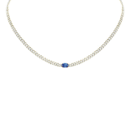 Muse Jewelry 1.66ct G SI 14K Yellow Gold Round Diamond & Oval Shaped Blue Sapphire Cuban Necklace 13 + 3" Ext.