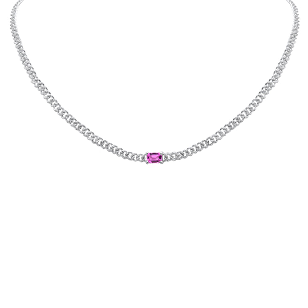 Muse Jewelry 1.78ct G SI 14K White Gold Diamond & Pink Sapphire Cuban Chain Necklace 13+3" Ext