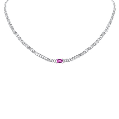 Muse Jewelry 1.78ct G SI 14K White Gold Diamond & Pink Sapphire Cuban Chain Necklace 13+3" Ext