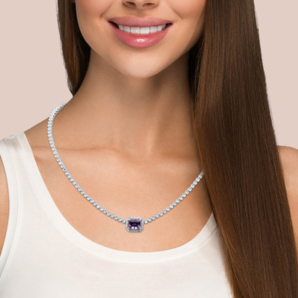 Muse Jewelry 3.22ct G SI 14K White Gold Diamond & Amethyst Gemstone Emerald cut Necklace 16+2" Long