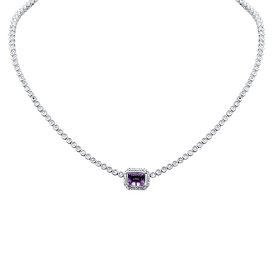 Muse Jewelry 3.22ct G SI 14K White Gold Diamond & Amethyst Gemstone Emerald cut Necklace 16+2" Long