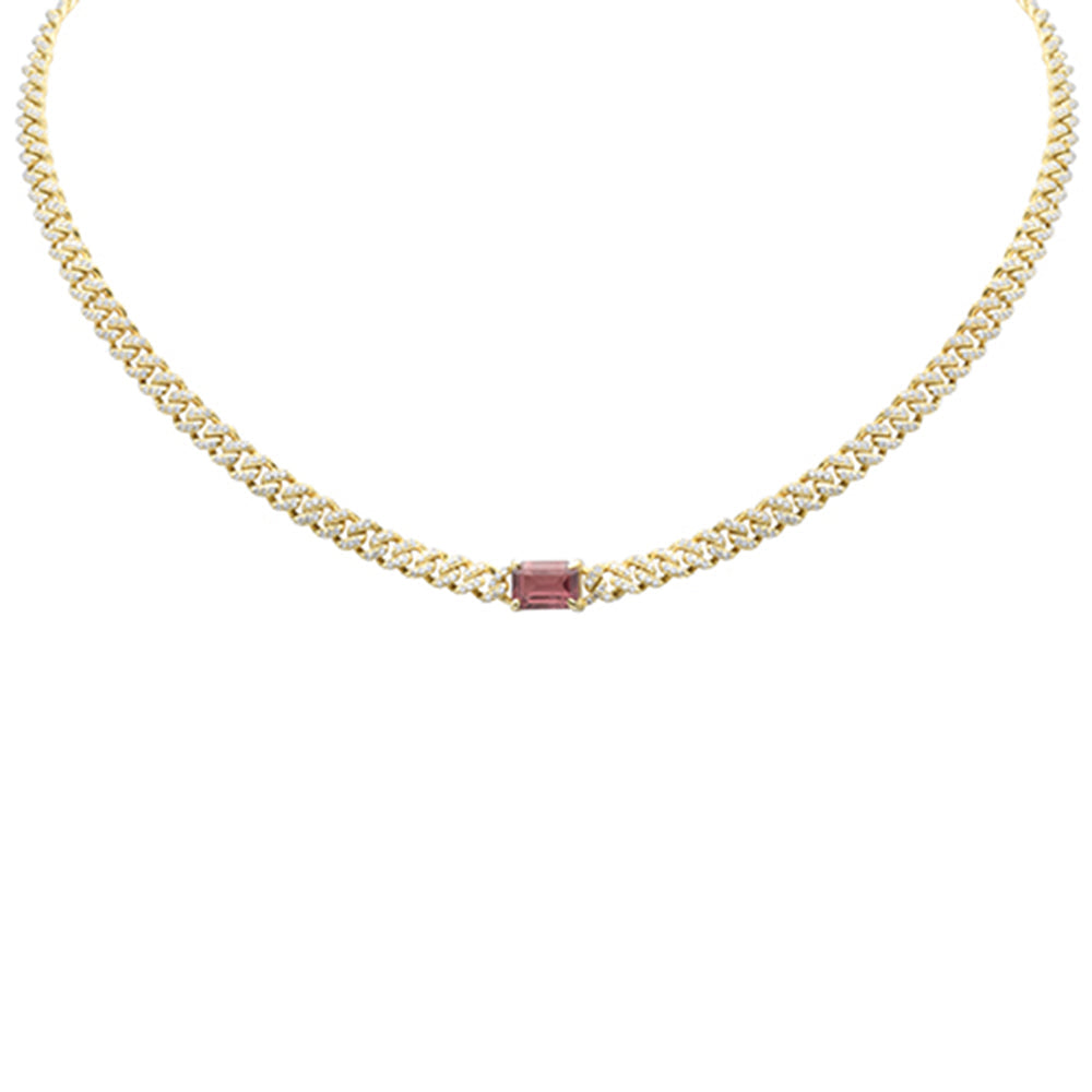 Muse Jewelry 2.56ct G SI 14K Yellow Gold Diamond & Pink Tourmaline Emerald Cut Gemstone Necklace 13+3" Long